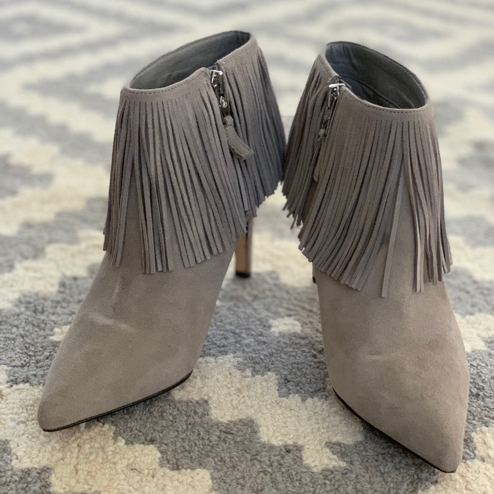 Sam Edelman grey fringe heeled booties